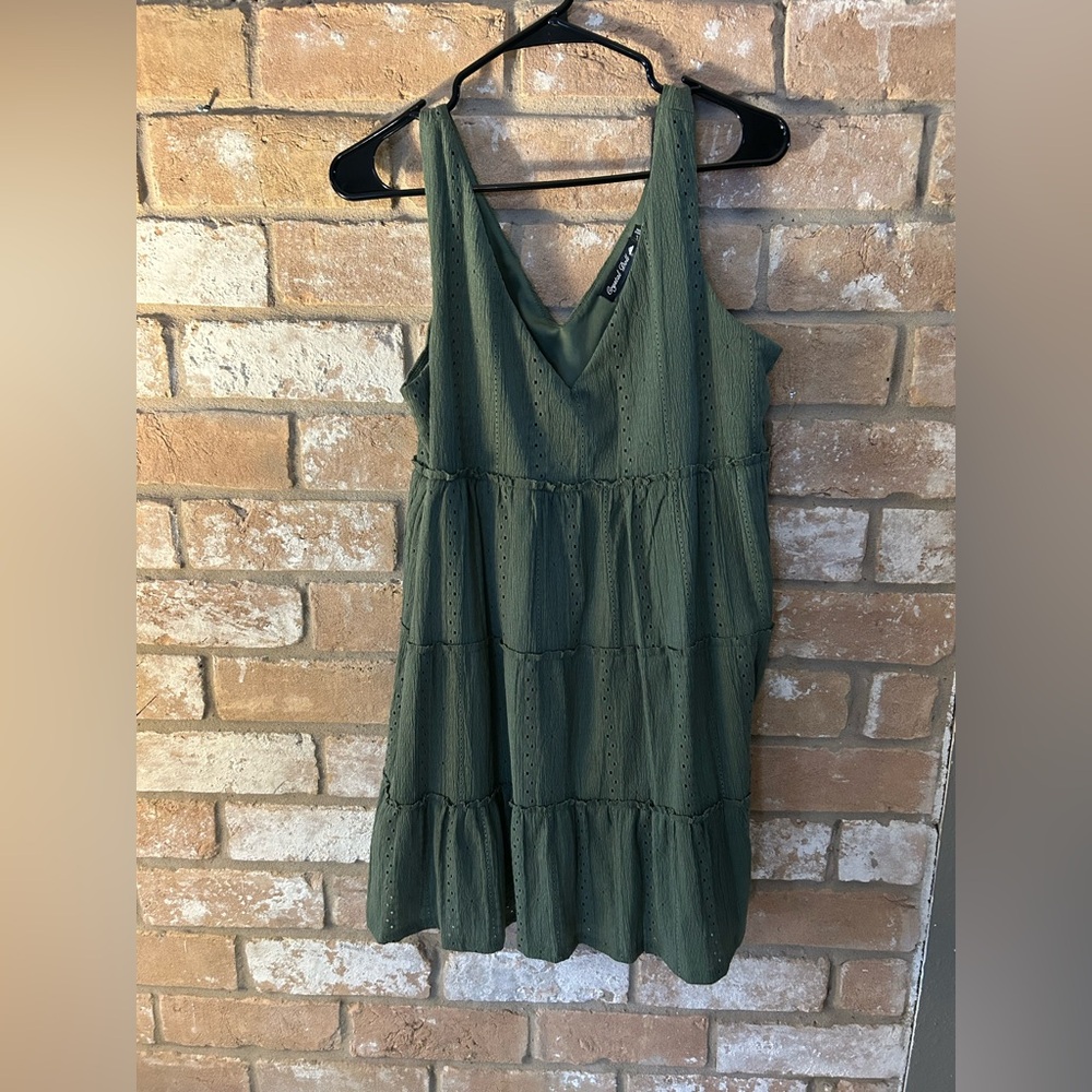 Crystal Doll Olive Green Tiered Mini Dress. Size Lg.